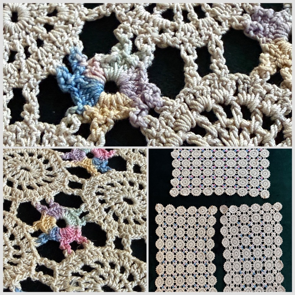 Vintage Handmade Crochet Doily Set Cream Pastel Floral Lace Table Linens 3pc
